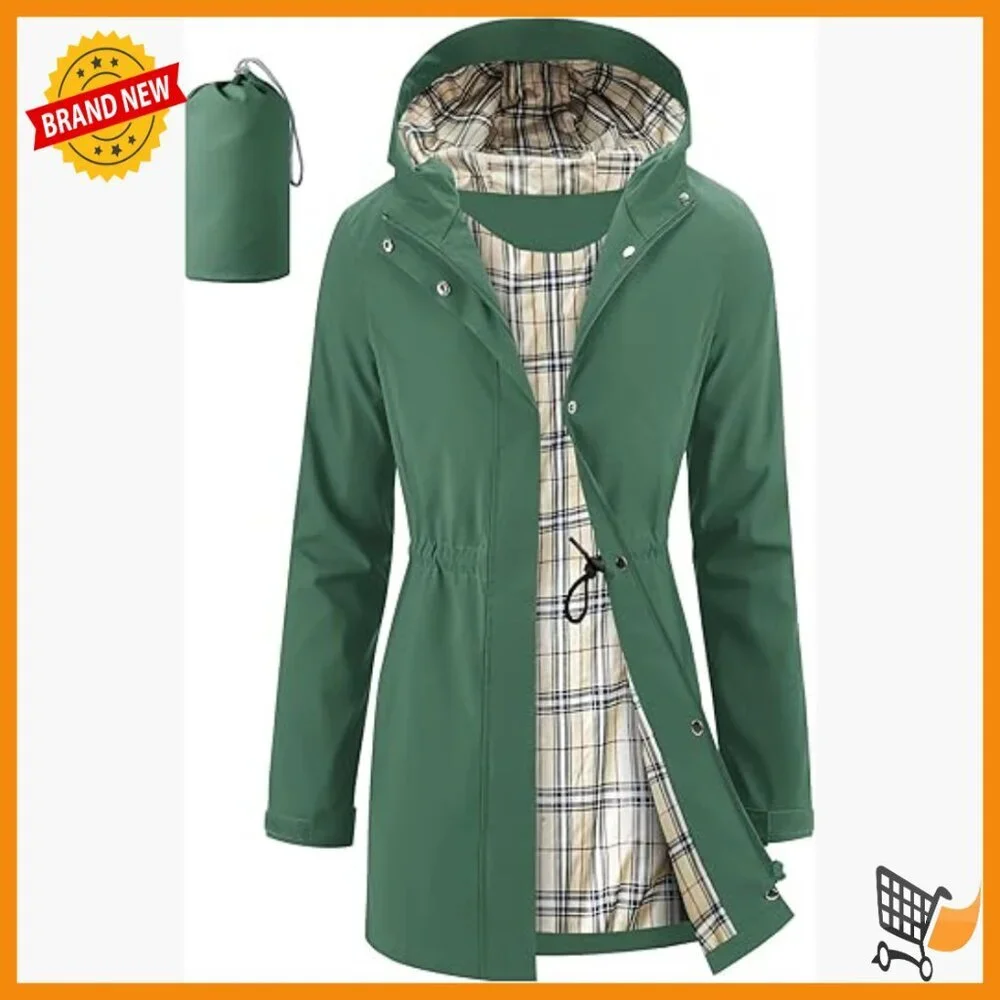 Women's Waterproof Trench Coat Packable Hooded Rain Jacket Outdoor
